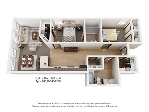 Floor plan for 2 beds, 2 baths, 998 sqft